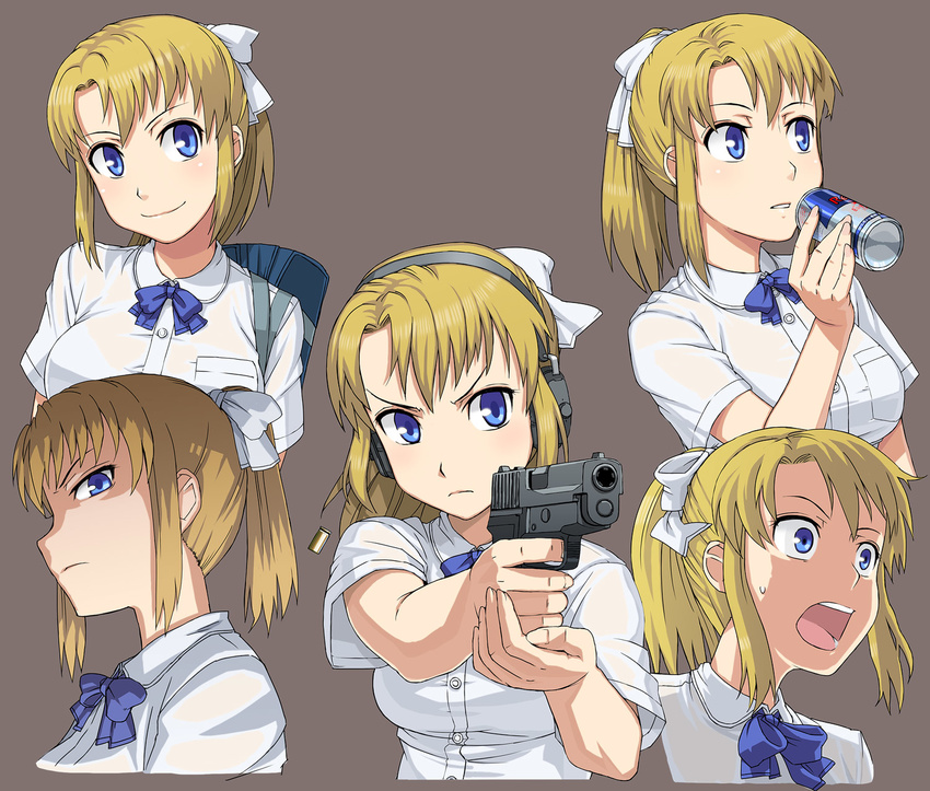 aiming bag blonde_girl_(itou) blonde_hair blue_eyes blush bow character_sheet drink expressions foreshortening gun handgun highres itou_(onsoku_tassha) open_mouth original pistol ponytail product_placement profile red_bull school_bag school_uniform shell_casing short_hair sig_sauer sig_sauer_p226 simple_background smile upper_body weapon