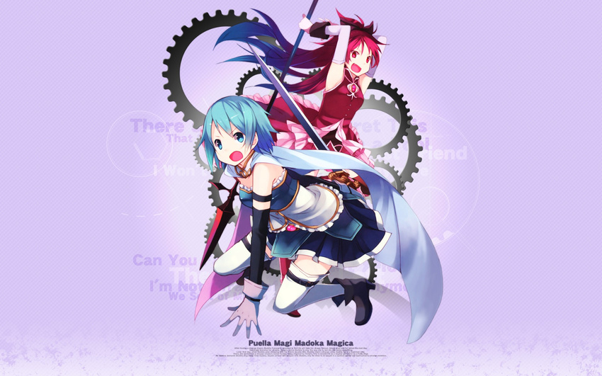 blue_eyes blue_hair boots bow cape copyright_name dress english fang gears gloves hair_bow hanokage highres long_hair magical_girl mahou_shoujo_madoka_magica miki_sayaka multiple_girls official_art open_mouth polearm ponytail red_eyes red_hair sakura_kyouko short_hair skirt smile source_request spear sword thighhighs wallpaper weapon