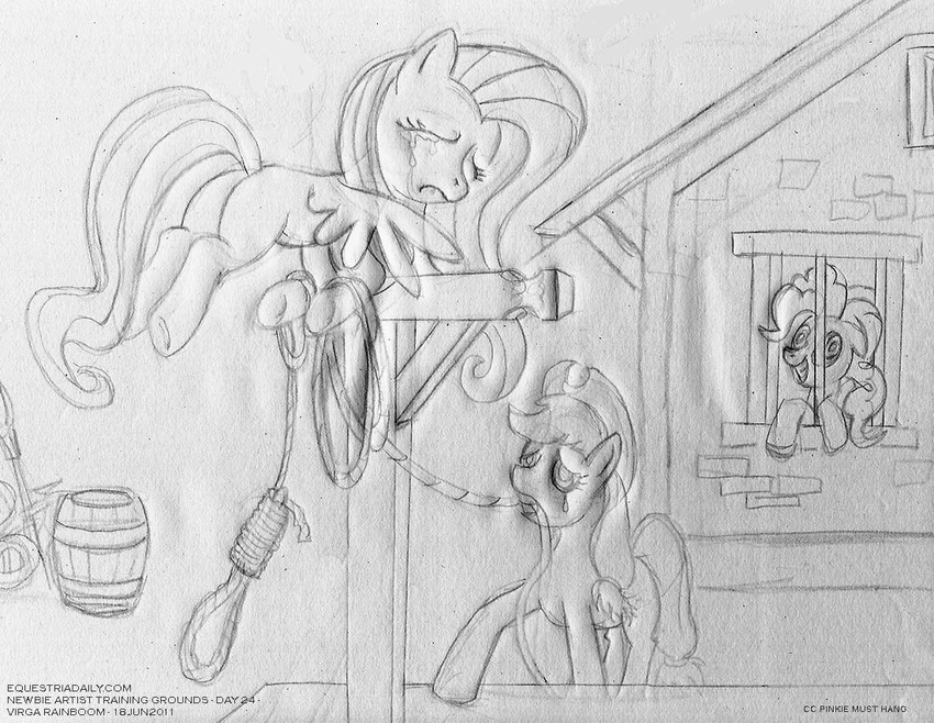 black_and_white crying equine execution female feral fluttershy_(mlp) friendship_is_magic gallows group hanging hat horse mammal monochrome my_little_pony pegasus pinkie_pie_(mlp) pony sketch tears virgarainboom wings
