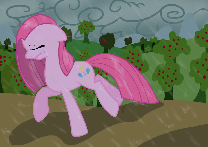 clouds crying cutie_mark equine female feral forest friendship_is_magic fur horse mammal my_little_pony pink_fur pinkamena_(mlp) pinkie_pie_(mlp) pony raining sad solo tears tree unknown_artist wood