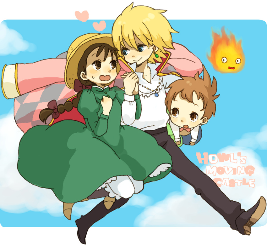 2boys blonde_hair braid brown_hair calcifer dress fire green_dress hat howl_(howl_no_ugoku_shiro) howl_no_ugoku_shiro jewelry markl multiple_boys necklace sophie_(howl_no_ugoku_shiro) yukke