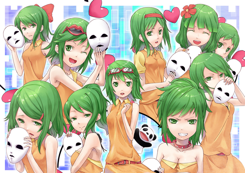 :o ;d ^_^ bad_id bad_pixiv_id bare_shoulders belt breasts cleavage closed_eyes collar collarbone dress flower goggles goggles_on_head green_eyes green_hair grin gumi hair_flower hair_ornament heart highres holding juu_mensou_(vocaloid) looking_at_viewer mask medium_breasts multiple_girls multiple_views one_eye_closed open_mouth short_hair smile tokumaro vocaloid