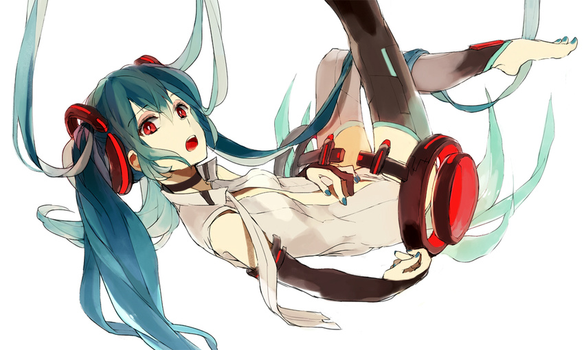 aqua_hair barefoot bridal_gauntlets elbow_gloves gloves hatsune_miku hatsune_miku_(append) long_hair lowe_(slow) open_mouth red_eyes solo toeless_legwear twintails very_long_hair vocaloid vocaloid_append