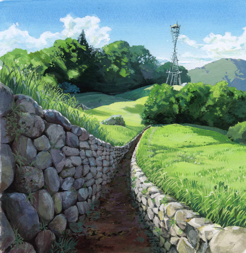 cloud day dirt_road field grass highres mononoke_hime moss nature no_humans path perspective road rock sakagami_umi scenery sky stone_wall tower tree trench wall watchtower