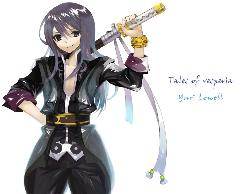 bad_id bad_pixiv_id belt black_eyes black_hair bracelet character_name chisa_(misaaa) coat copyright_name hand_on_hip jewelry left-handed long_hair male_focus over_shoulder pants smile solo sword tales_of_(series) tales_of_vesperia weapon weapon_over_shoulder white_background yuri_lowell