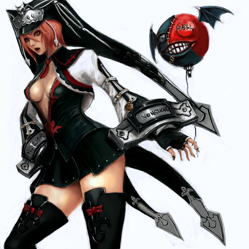 boots breasts cleavage fingerless_gloves foolish_human gloves guilty_gear guilty_gear_2 hat highres jester_cap medium_breasts no_bra open_clothes open_mouth open_shirt red_eyes red_hair shirt short_hair skirt solo thigh_boots thighhighs valentine_(guilty_gear) zettai_ryouiki