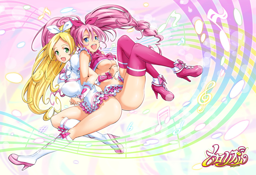 adapted_costume back-to-back beamed_sixteenth_notes blonde_hair blue_eyes boots bow breasts cure_melody cure_rhythm earrings eighth_note eyelashes frills green_eyes hair_bow half_note high_heels highres houjou_hibiki huge_breasts jewelry knee_boots long_hair magical_girl minamino_kanade multiple_girls musical_note open_mouth pink_bow pink_hair precure revealing_clothes sharp_sign shin_(sin-maniax) shoes suite_precure thighhighs treble_clef underboob