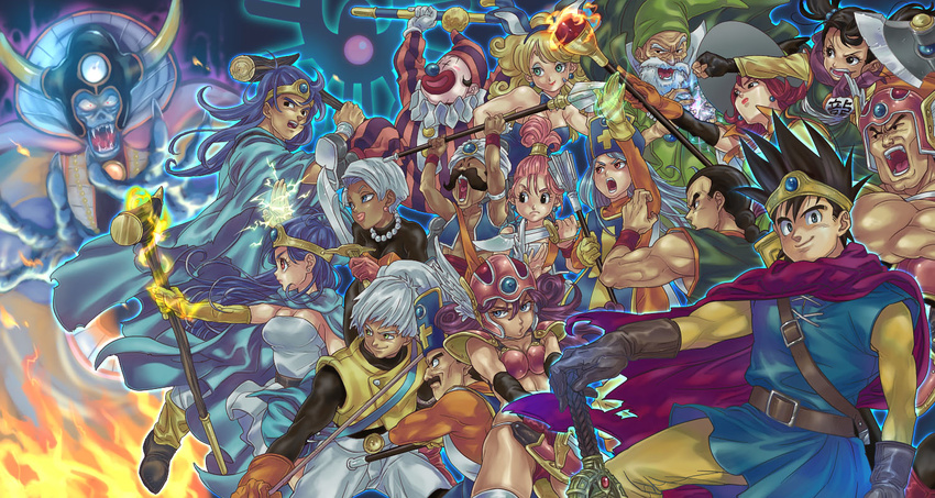 6+girls animal_ears armor axe bikini_armor black_hair blue_hair bunny_ears cape dragon_quest dragon_quest_iii electricity fighter_(dq3) fire flame gloves hat helmet jester_(dq3) knife mace mage_(dq3) mamemo_(daifuku_mame) merchant_(dq3) multiple_boys multiple_girls pink_hair polearm priest_(dq3) purple_hair roto sage_(dq3) soldier_(dq3) spear staff sword thief_(dq3) weapon white_hair wizard_hat zoma