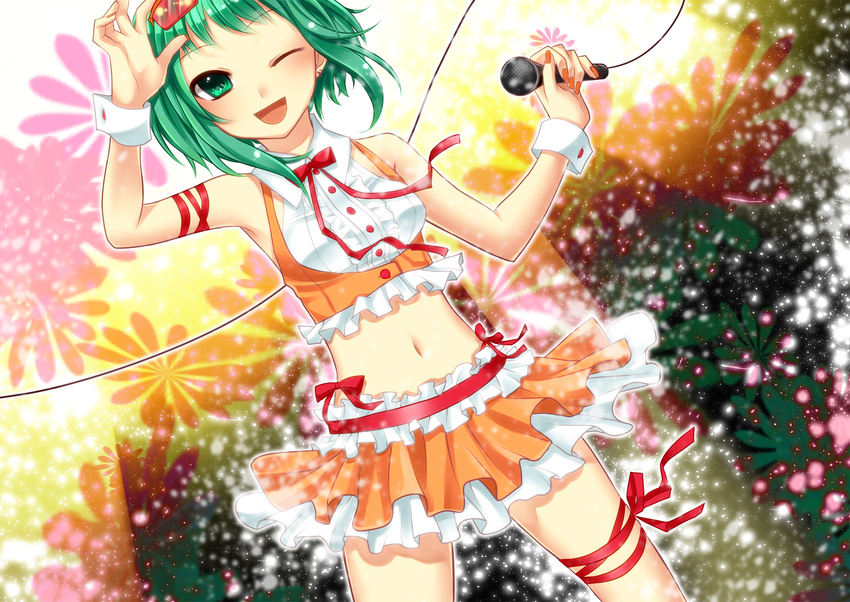 ;d green_eyes green_hair gumi highres microphone midriff nail_polish navel one_eye_closed open_mouth skirt smile solo vocaloid yayoi_(egoistic_realism)