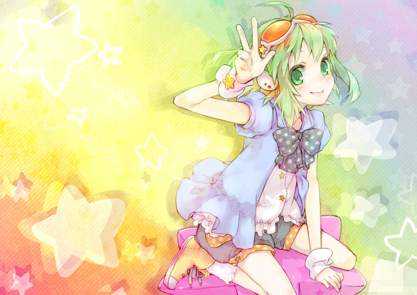 ameiro arm_support bow bowtie face goggles goggles_on_head green_eyes green_hair gumi shoes short_hair shorts sitting smile solo star v vocaloid wariza wrist_cuffs