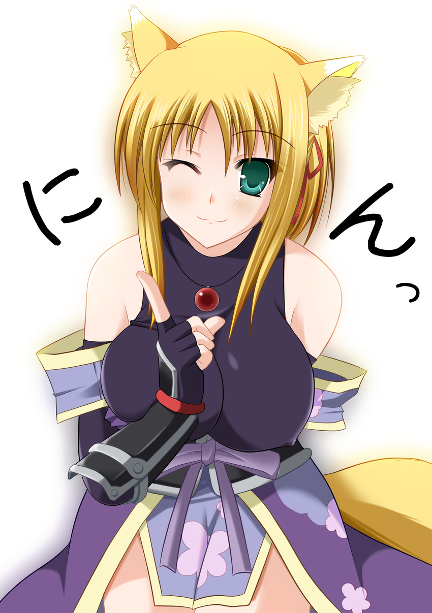absurdres animal_ears blonde_hair breasts cleavage dog_days fingerless_gloves fox_ears fox_tail gloves green_eyes guatemala highres japanese_clothes large_breasts one_eye_closed smile solo tail yukikaze_panettone