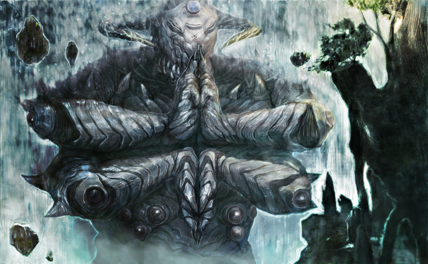 closed_eyes highres horns meditation monster multiple_arms no_humans original rock third_eye tree water waterfall