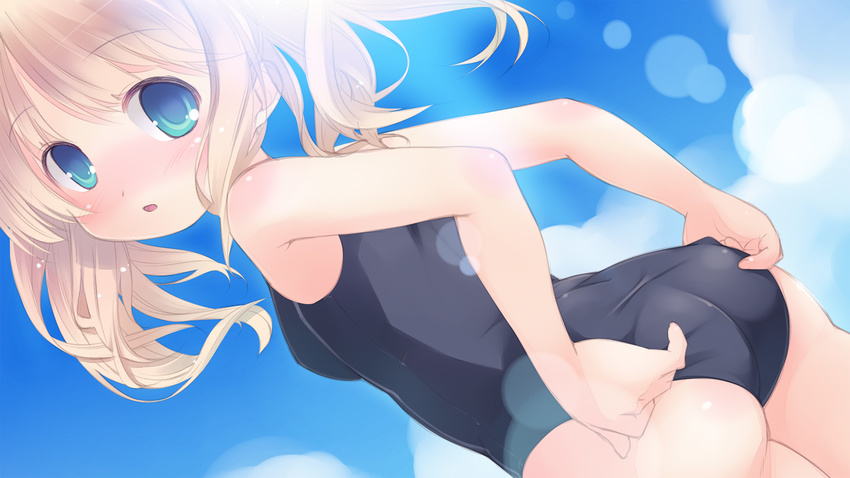 adjusting_clothes adjusting_swimsuit ass bad_id bad_pixiv_id binzoko_megane_(san-inch) blonde_hair blue_eyes breasts child dutch_angle from_behind hands highres looking_back medium_breasts one-piece_swimsuit original school_swimsuit short_hair solo swimsuit twintails