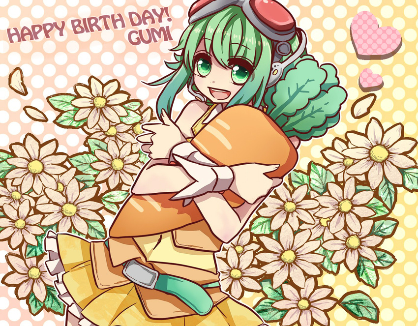 as567 bad_id bad_pixiv_id carrot flower goggles goggles_on_head green_eyes green_hair gumi open_mouth short_hair smile solo vocaloid wrist_cuffs
