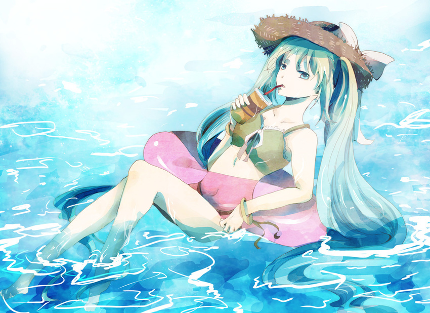 aqua_eyes aqua_hair bad_id bad_pixiv_id bikini bracelet drink hat hatsune_miku innertube jewelry long_hair rio_(e2759) solo swimsuit twintails very_long_hair vocaloid water