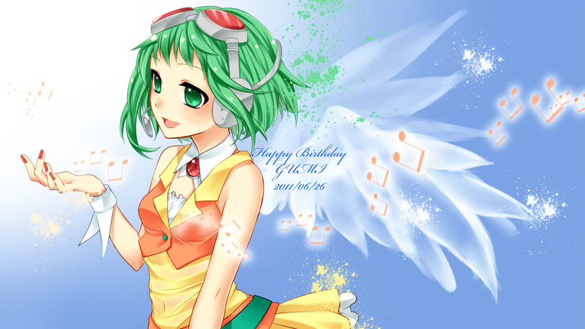 goggles goggles_on_head green_eyes green_hair gumi headphones headset highres musical_note nail_polish short_hair smile solo vocaloid wings wrist_cuffs yayoi_(egoistic_realism)