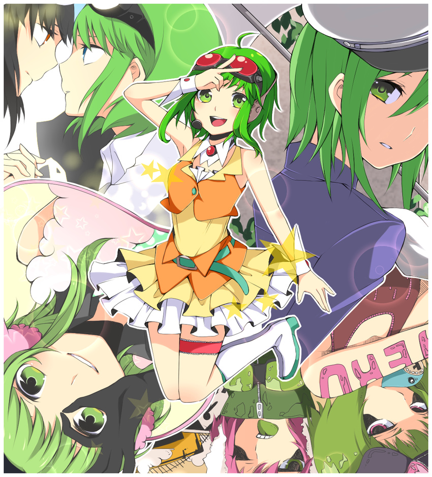 ahoge ama_no_jaku_(vocaloid) bad_id bad_pixiv_id boots goggles goggles_on_head green_eyes green_hair gumi happy_synthesizer_(vocaloid) headphones headset highres mosaic_roll_(vocaloid) panda_hero_(vocaloid) richard_(ri39p) short_hair skirt smile solo songover vocaloid wrist_cuffs