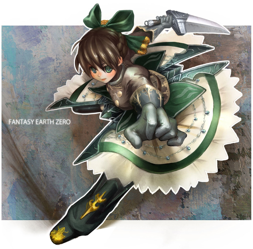 armor bow braid brown_hair copyright_name dress fantasy_earth_zero gloves green_eyes hair_ribbon jewelry knight outstretched_hand pants ribbon running shoes short_hair smile solo source_request sword tmg weapon