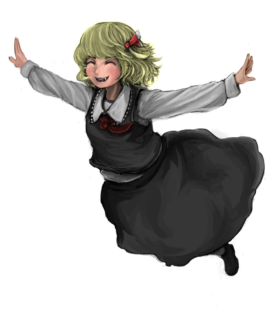^_^ blonde_hair blush closed_eyes face fang flying grin hair_ribbon highres ma_nyan_(nyao_mao_nyao) outstretched_arms ribbon rumia short_hair skirt skirt_set smile solo spread_arms touhou