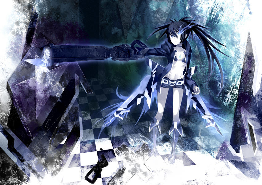 arm_cannon bad_id bad_pixiv_id bikini_top black_hair black_rock_shooter black_rock_shooter_(character) black_rock_shooter_(game) blue_eyes boots glowing glowing_eyes jebura long_hair midriff navel pale_skin shorts solo twintails weapon