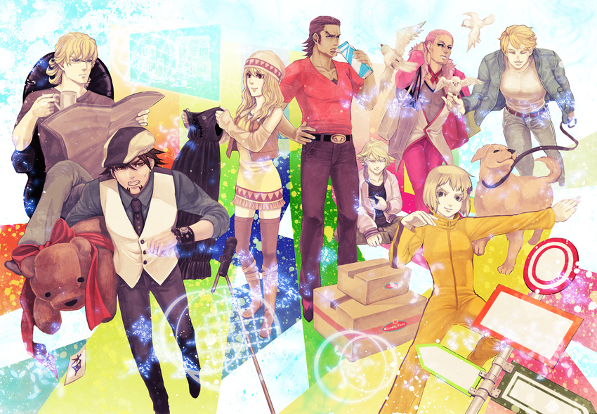 6+boys antonio_lopez bad_id bad_pixiv_id bare_shoulders barnaby_brooks_jr belt bird blonde_hair blue_eyes blue_jacket bomber_jacket boots bracelet brown_eyes brown_hair brown_legwear bruce_lee's_jumpsuit cabbie_hat chair chest_hair coffee cropped_jacket cup dark_skin denim detached_sleeves dog dress easy_chair fur_trim glasses green_eyes hat huang_baoling iduhara ivan_karelin jacket jeans jewelry john_(tiger_&amp;_bunny) jumpsuit kaburagi_t_kotetsu karina_lyle keith_goodman leash letterman_jacket lipstick makeup microphone milk_carton mug multiple_boys multiple_girls nathan_seymour necktie newspaper pants pink_eyes pink_hair purple_jacket short_hair sleeveless sleeveless_dress stuffed_animal stuffed_toy teddy_bear thighhighs tiger_&amp;_bunny v-neck waistcoat watch wristwatch zettai_ryouiki