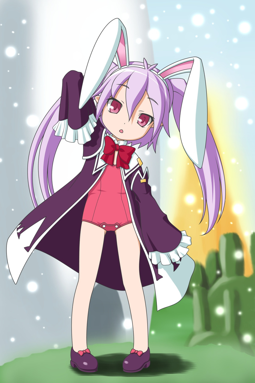animal_ears arm_up bow bowtie bunny_ears coat eyebrows_visible_through_hair full_body head_tilt highres ingrid_sorveig_sorgrims leotard long_hair looking_at_viewer lotte_no_omocha! overcoat pink_eyes pink_leotard pointy_ears purple_hair sleeves_past_fingers sleeves_past_wrists solo t2r twintails