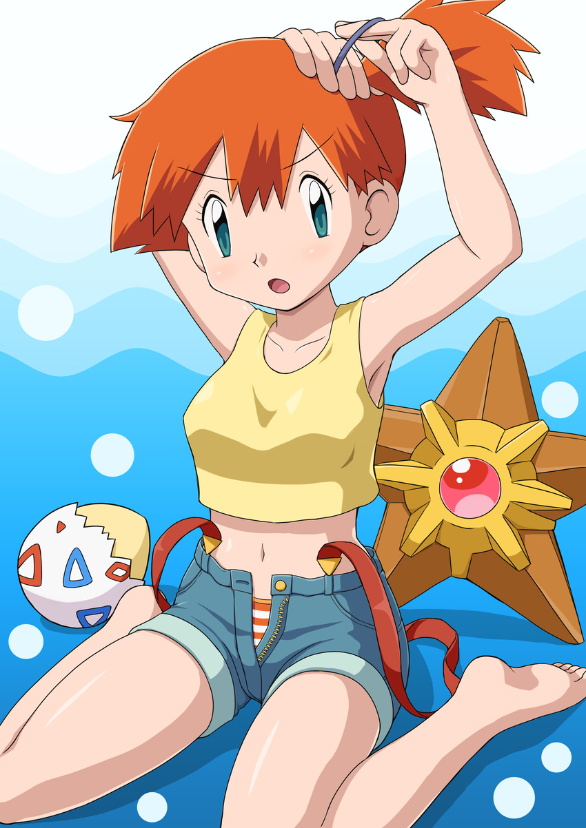 :o absurdres adjusting_hair annoyed armpits arms_up barefoot crop_top denim denim_shorts gen_1_pokemon gen_2_pokemon green_eyes hairdressing highres kasumi_(pokemon) looking_at_viewer midriff navel open_fly orange_hair panties pantyshot pantyshot_(sitting) pokemoa pokemon pokemon_(anime) pokemon_(classic_anime) pokemon_(creature) rubber_band shiny shiny_skin shorts side_ponytail sitting staryu striped striped_panties suspenders tank_top togepi unbuttoned underwear undressing unzipped wariza