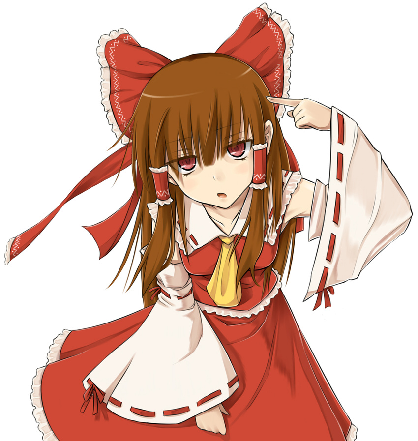 bad_id bad_pixiv_id bow brown_hair detached_sleeves hair_bow hakurei_reimu highres long_hair open_mouth red_eyes ringed_eyes simple_background solo suzushiro_yukari touhou