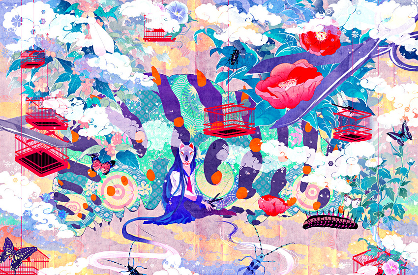 abstract bad_id bad_pixiv_id banned_artist bug butterfly flower fox insect mask original robin7188 school_uniform sitting surreal
