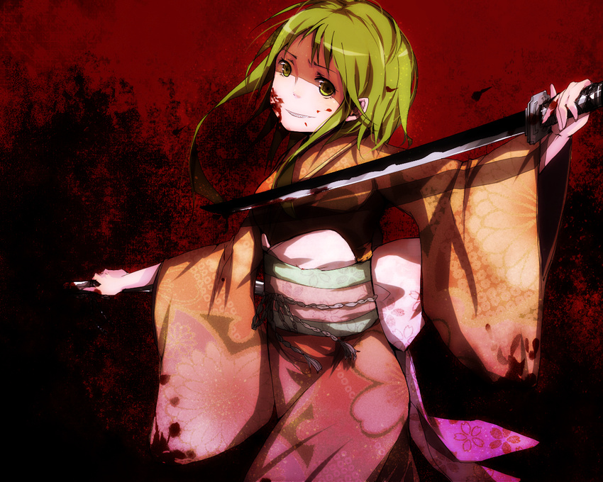 blood green_eyes green_hair gumi japanese_clothes katana short_hair smile solo sword vocaloid weapon zuoweisaib