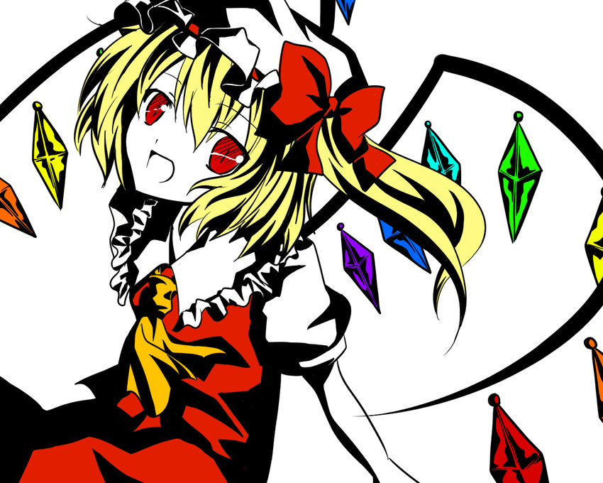 ascot bad_id bad_pixiv_id blonde_hair flandre_scarlet frills gem hat hat_ribbon mogu_(au1127) red_eyes ribbon side_ponytail simple_background slit_pupils solo touhou wings