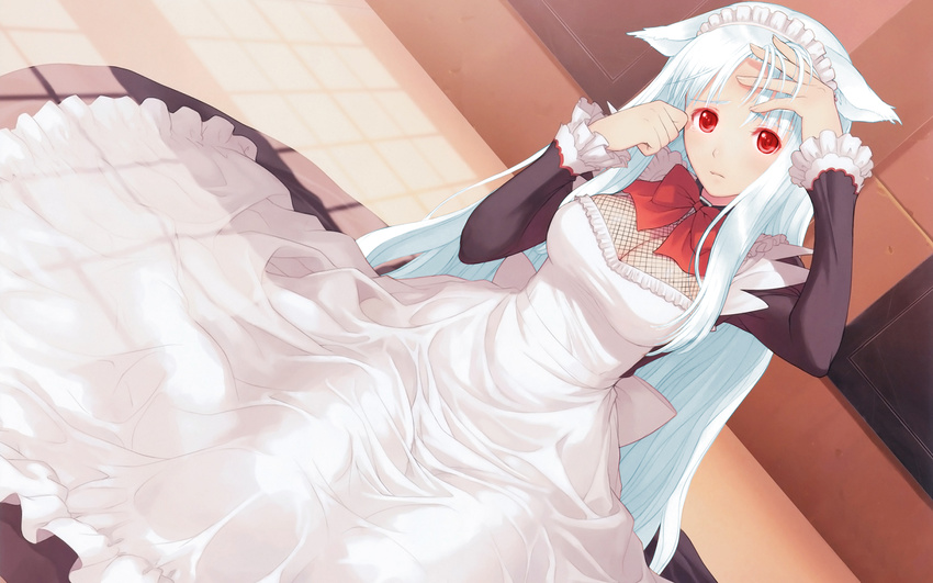 animal_ears apron bow cleavage crying dress foxgirl headband maid photoshop red_eyes tears white_hair