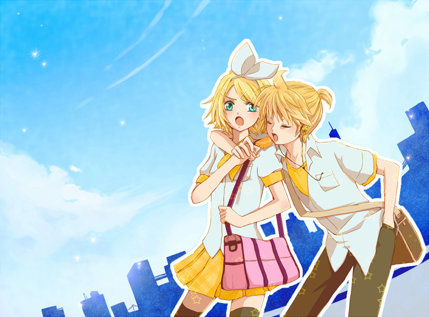 1girl aqua_eyes bad_id bad_pixiv_id bag blonde_hair bow brother_and_sister closed_eyes day food hair_bow hand_in_pocket headphones kagamine_len kagamine_rin open_mouth popsicle sachi_(yohkai) school_bag siblings sky star star_(sky) twins vocaloid wrist_grab