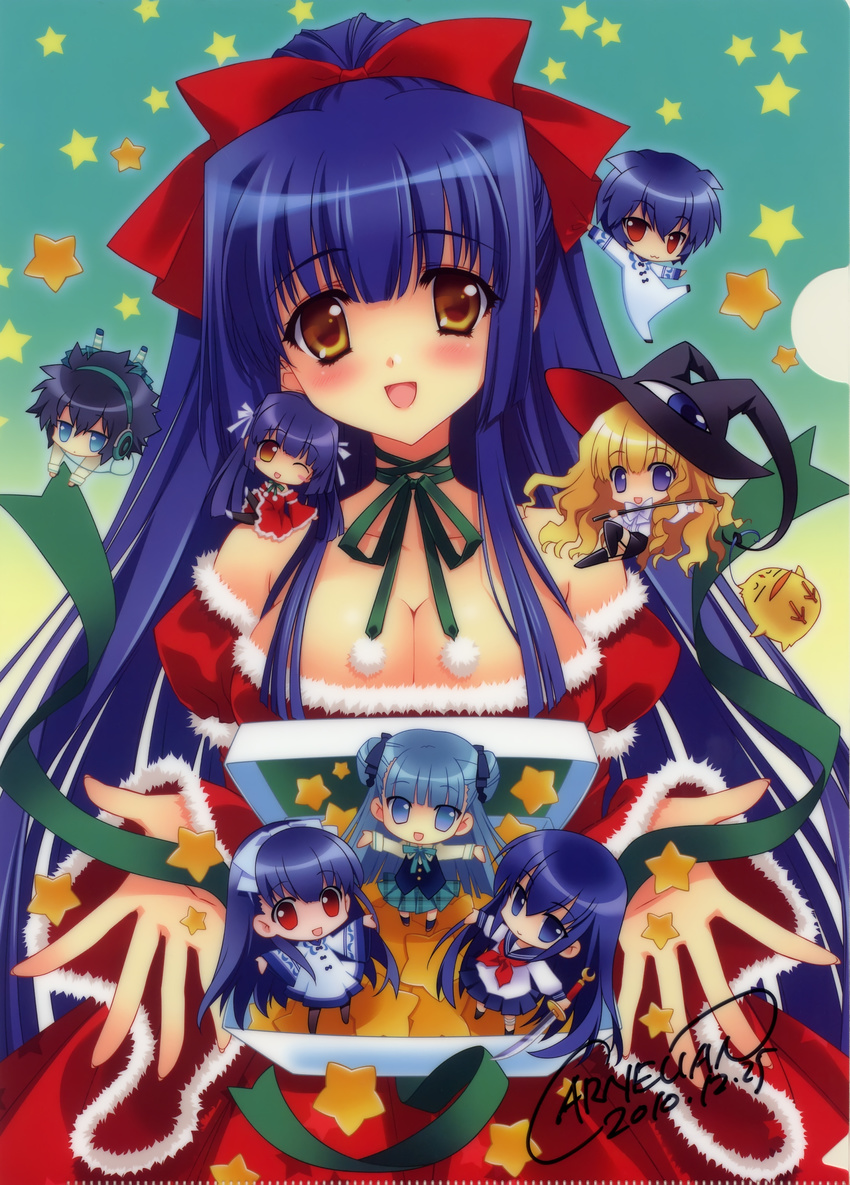 6+girls absurdres azuma_hazuki bow breasts carnelian chibi christmas cleavage company_connection creator_connection hair_bow highres kamiazuma_touka kao_no_nai_tsuki kawakabe_momoka ken-chan kuraki_mizuna kuraki_suzuna lilith_(yamibou) medium_breasts multiple_girls para-sol root_(company) scan school_uniform touka_gettan yami_to_boushi_to_hon_no_tabibito yatabe_miu yatabe_noa