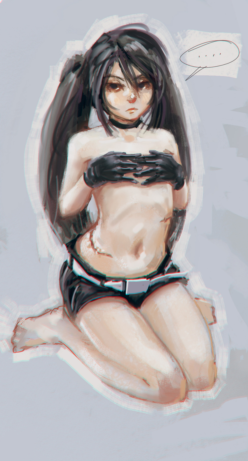1girl bad_id bad_pixiv_id barefoot black_eyes black_hair black_rock_shooter black_rock_shooter_(character) choker covering covering_breasts doyora face flat_chest gloves hands highres long_hair navel no_lineart scar seiza short_shorts shorts sitting solo stomach topless twintails wariza