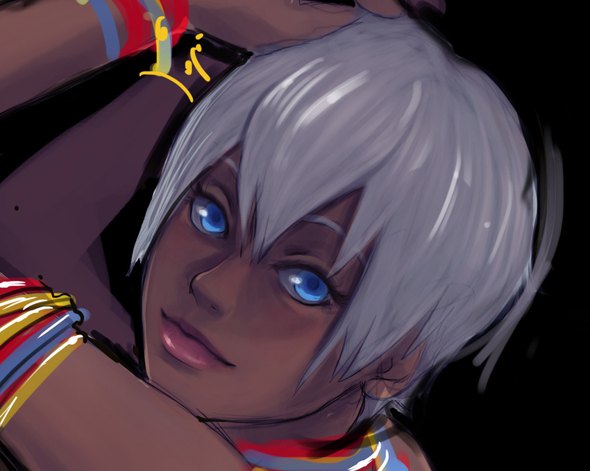 armband blue_eyes bracelet close-up dark_skin elena_(street_fighter) jaimito jewelry lips neck_ring short_hair solo street_fighter street_fighter_iii_(series) white_hair