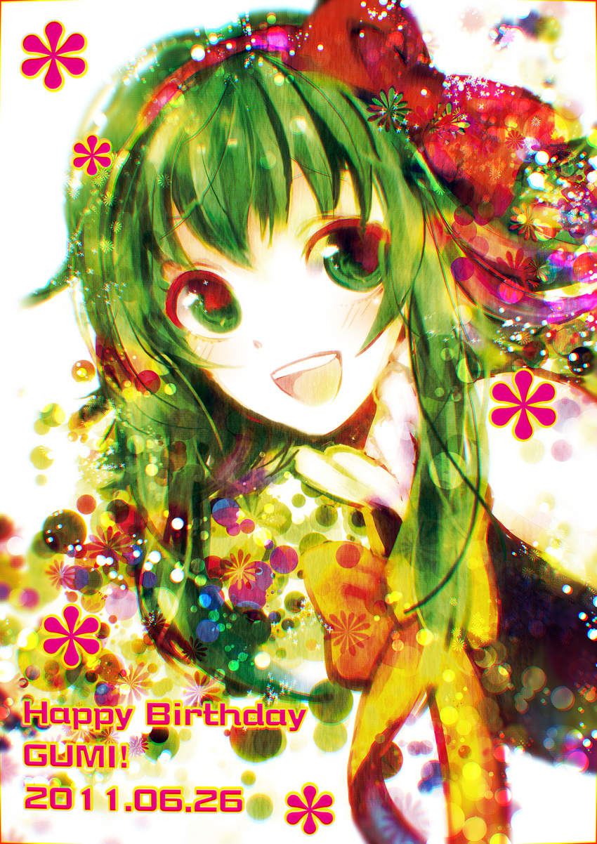 bad_id bad_pixiv_id blush bow face green_eyes green_hair gumi hair_bow happy_birthday highres open_mouth portrait sazanami_shione short_hair smile solo vocaloid