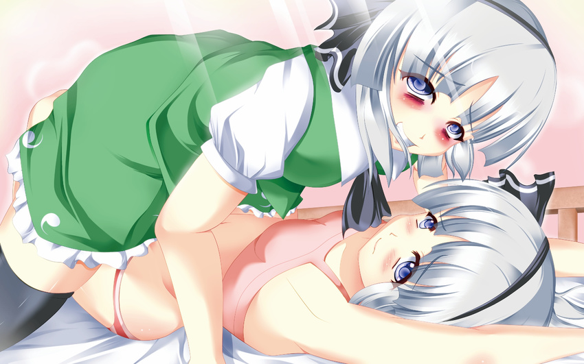 armpits arms_up ascot bed blue_eyes blush bra dual_persona highres konpaku_youmu lilybell lingerie multiple_girls panties short_hair silver_hair striped striped_panties thighhighs touhou underwear underwear_only