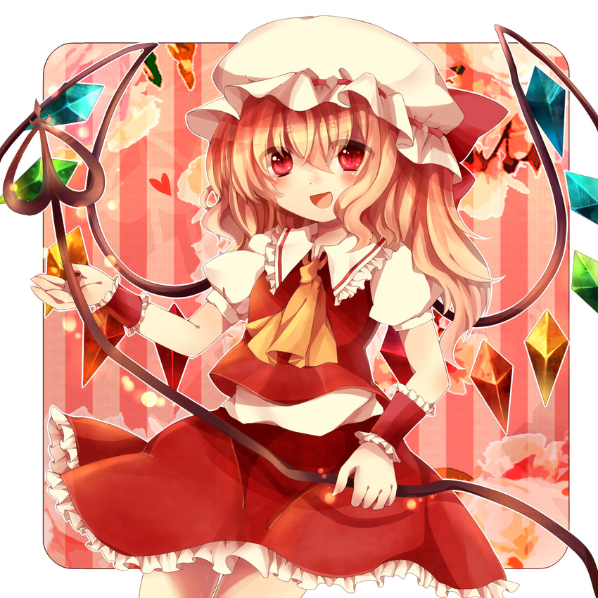 ascot blonde_hair blush flandre_scarlet hat highres laevatein maho_moco open_mouth red_eyes short_hair side_ponytail skirt slit_pupils solo touhou wings wrist_cuffs