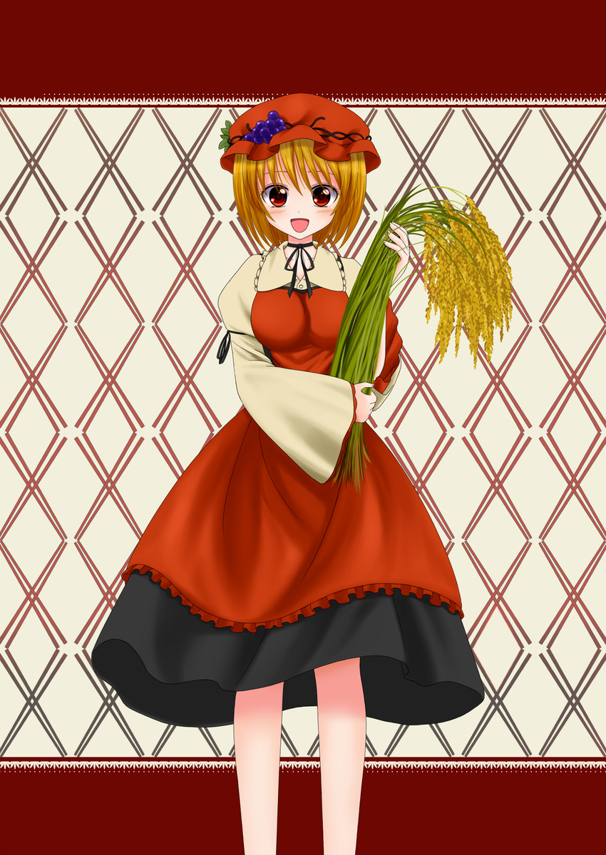 :d aki_minoriko blush chien_zero food food_themed_clothes frills fruit grapes hat highres holding open_mouth orange_hair red_eyes short_hair smile solo touhou wheat