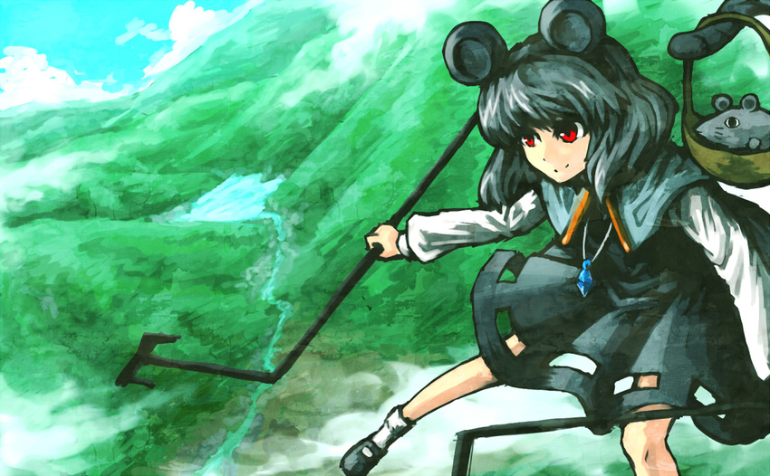 animal_ears bad_id bad_pixiv_id cloud day gem grey_hair hima_(mizu_ni_tsuyoi) lake mouse mouse_ears mouse_tail nazrin red_eyes river shoes skirt solo tail touhou