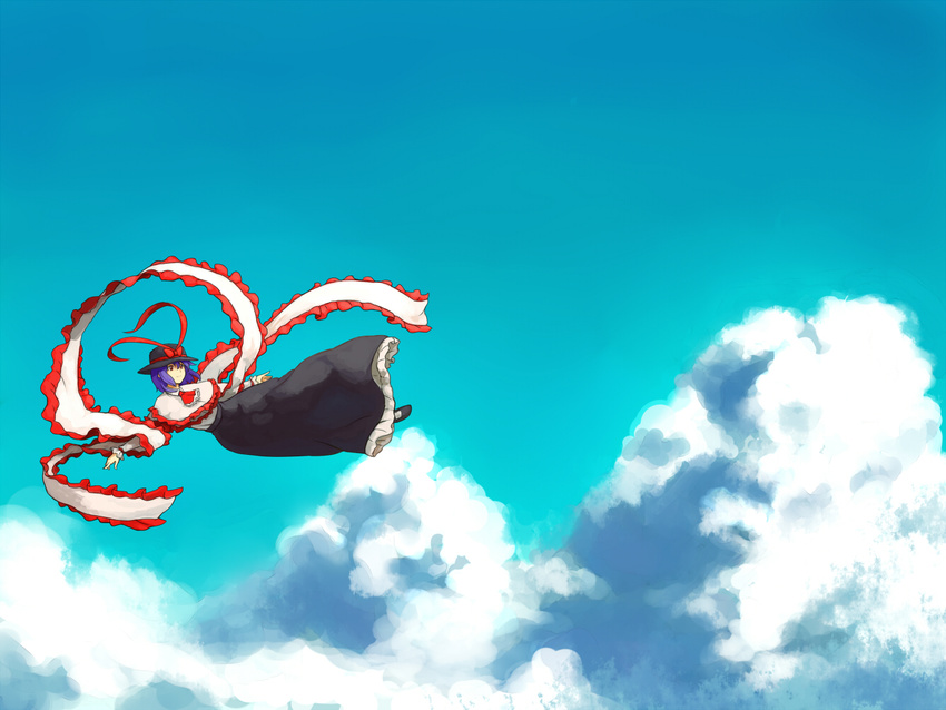 bow capelet cloud day flying frilled_skirt frills hat hat_bow nagae_iku purple_hair red_eyes ribbon scarf shibasaki_shouji short_hair skirt sky solo touhou