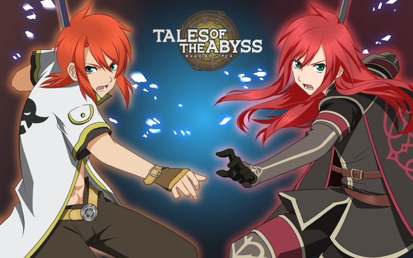 :o ahoge asch coat copyright_name fingerless_gloves gloves green_eyes logo long_hair luke_fon_fabre male_focus multiple_boys nibanboshi open_mouth pants red_hair sidelocks surcoat symmetry tabard tales_of_(series) tales_of_the_abyss