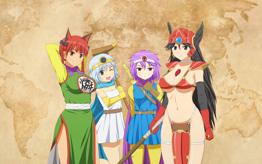 animal_ears armor axe bikini_armor black_hair blue_eyes blue_hair braid breasts cat_ears chinese_clothes circlet cleavage cosplay covered_nipples dragon_quest dragon_quest_iii elbow_gloves fighter_(dq3) fighter_(dq3)_(cosplay) gloves grey_eyes head_wings helmet highres jean0503 kaenbyou_rin komeiji_koishi komeiji_satori large_breasts long_hair multiple_girls one_eye_closed open_mouth purple_eyes purple_hair red_eyes red_hair reiuji_utsuho roto roto_(cosplay) sage_(dq3) sage_(dq3)_(cosplay) short_hair side_slit smile soldier_(dq3) soldier_(dq3)_(cosplay) staff sword thighhighs thighs third_eye touhou twin_braids weapon