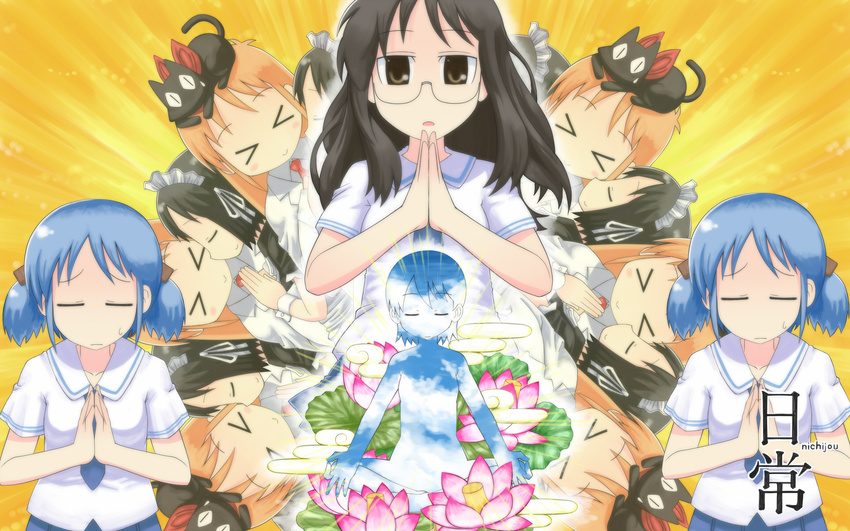 &gt;_&lt; aioi_yuuko black_hair blue_hair brown_hair buddhism cat closed_eyes egasumi flower glasses hair_cubes hair_ornament highres lotus maid minakami_mai mudra multiple_girls naganohara_mio nichijou praying professor_shinonome s_ibane sakamoto_(nichijou) school_uniform shinonome_nano sitting sky sky_print tokisadame_school_uniform twintails vitarka_mudra