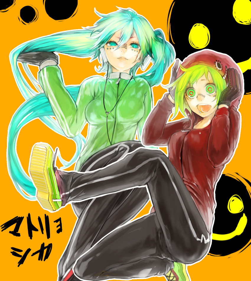 aqua_hair bad_id bad_pixiv_id blue_eyes facial_tattoo gloves green_eyes green_hair gumi hatsune_miku headphones highres hood hoodie lip_piercing long_hair matryoshka_(vocaloid) multiple_girls open_mouth piercing smiley_face tattoo tcb tears track_suit twintails vocaloid