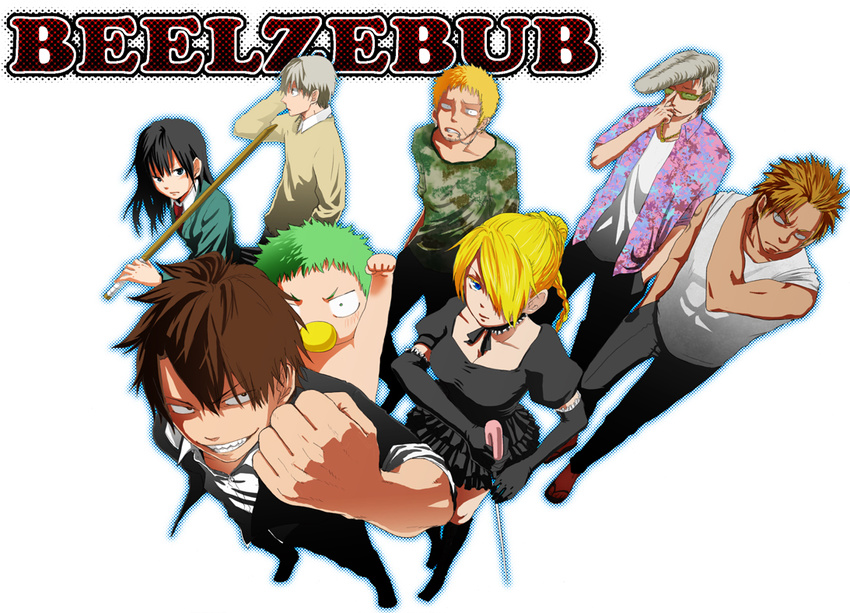 6+boys baby baby_be'el beelzebub_(manga) black_hair blonde_hair blue_eyes bokken braid breasts brown_hair casual choker cleavage clenched_hand foreshortening furuichi_takayuki green_hair grin hair_over_one_eye hilda_(beelzebub) himekawa_tatsuya kanzaki_hajime kunieda_aoi kyouno lip_piercing medium_breasts multiple_boys multiple_girls oga_tatsumi orange_hair pacifier piercing pompadour raised_fist school_uniform silver_hair smile sunglasses sword toujou_hidetora weapon wooden_sword