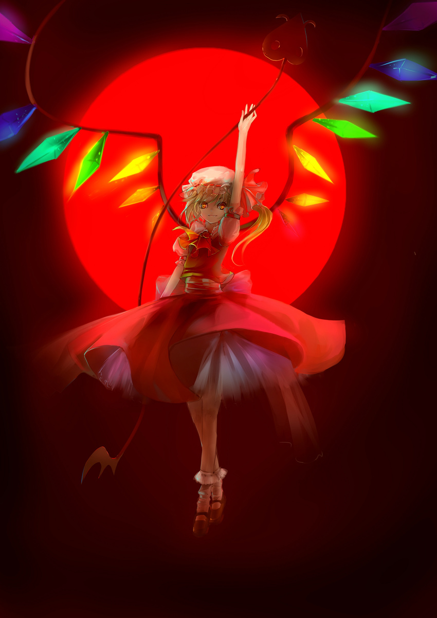 absurdres arm_up ascot bad_id bad_pixiv_id blonde_hair bobby_socks bow crossed_legs fang flandre_scarlet flying full_moon glowing glowing_eyes hat hat_bow highres laevatein large_wings looking_at_viewer mary_janes miemia moon petticoat ponytail red_eyes red_moon shoes side_ponytail skirt skirt_set slit_pupils socks solo standing touhou watson_cross white_legwear wings