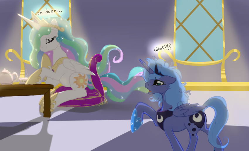 alicorn bed_mane colored cutie_mark duo equine female feral friendship_is_magic horn horse mammal my_little_pony pegacorn pony princess princess_celestia_(mlp) princess_luna_(mlp) royalty sibling sisters smirk tenchisamoshi winged_unicorn wings