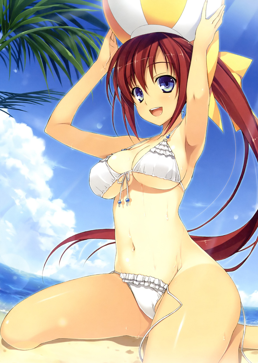 beach bikini blue_eyes brown_hair cleavage dark_skin long_hair mizugi open_mouth shitapai sky solo tagme tanlines tanned water yuuki_hagure